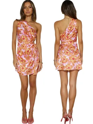 Hello Molly Loving That Girl Mini Dress Women's Small Orange Floral One Shoulder thumbnail 2