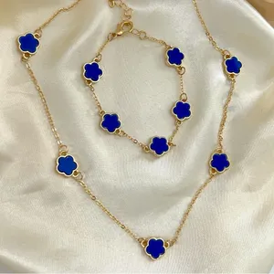18K Gold Plated blue clover necklace set Jewelry womens thumbnail 1