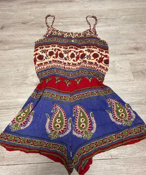 Earthbound Trading Co. Boho Blue Tan Paisley Floral Print Romper Womens Medium thumbnail 1