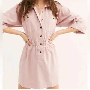 Free People Hazel Pink Shirt Dress Cotton‎ Blend Button Front XS Boho Chic thumbnail 1