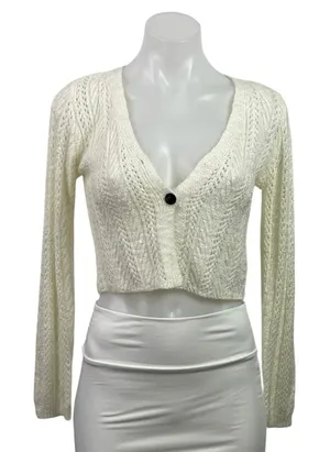 Lulus Women's Cream Pointelle Knit Long Sleeve Crop Cardigan Sweater XS thumbnail 1