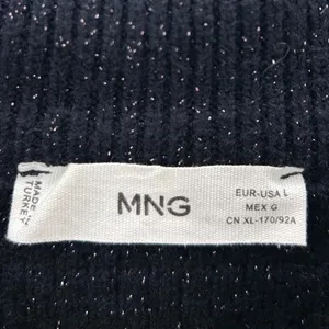 MNG Women Navy Blue‎ Metallic Tweed Knit Fringe Sweater Pullover Top Size Large thumbnail 5