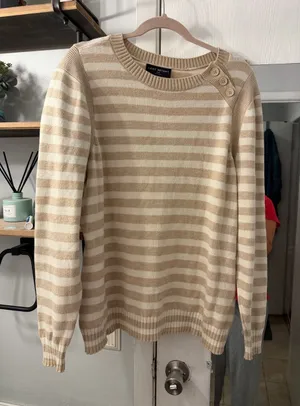 Lane Bryant Cream and Tan Striped Button-Shoulder Crew Sweater thumbnail 1