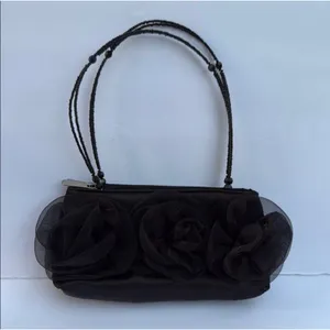 Vintage Handbag Black Rayon with Beaded Handle and Rose Detail thumbnail 1