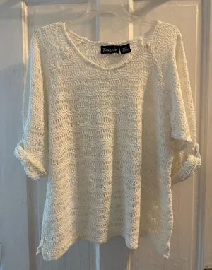 Frazzle Womens White Crochet Open Knit Scoop Neck Button Tab Sleeve Sweater L thumbnail 1