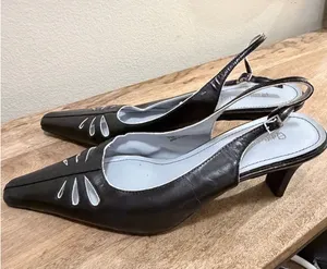 Etienne Aigner Black Leather Laser Cut‎ Slingback Kitten Heels 7.5 thumbnail 1