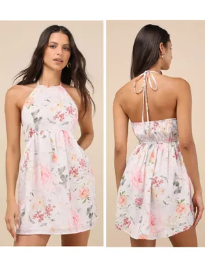 Lulus Alwynn Ivory Floral Halter Mini Dress Size XS Vacation Sleeveless Party thumbnail 2
