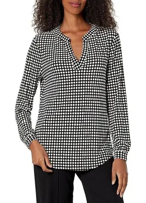 Anne Klein NWT Womens Polka Dot Split Neck Long Sleeve Blouse Black White Size M thumbnail 1