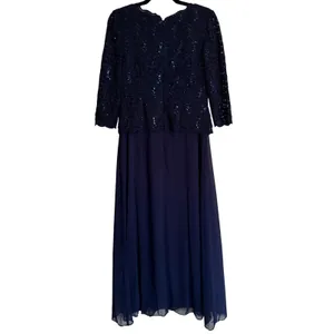 Alex Evenings Navy Blue Lace Sequin 3/4 Sleeve Maxi Dress Sz 6 Mother of Bride‎ thumbnail 2