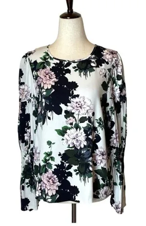 Club Monaco White Floral Print Puff Bell Sleeve Crew‎ Neck Blouse Size S thumbnail 1