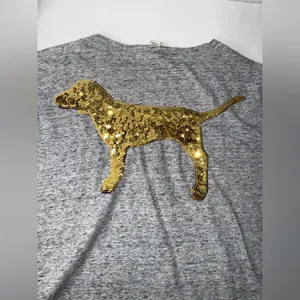 VICTORIAS SECRET PINK Shirt Rare Bling Big‎ Dog Campus Pocket Womens Size M Gray thumbnail 10