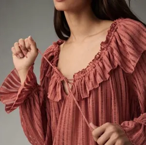 By Anthropologie Sheer Striped Blouse Top plus XXL 2X NEW BOHO rose long sleeve thumbnail 2