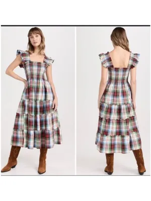Hill House Ellie Nap Dress in White Multi Tartan Plaid Small NEW thumbnail 2