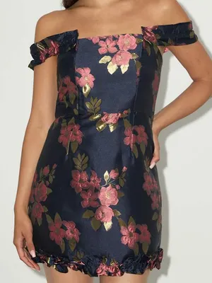 NWT Lulus Pop the Bottle Navy Blue Floral Jacquard Ruffled Mini Dress Size Small thumbnail 3