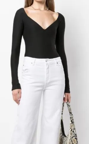 ALIX NYC Jansen Black Sweatheart Neckline Long sleeve Thong‎ Bodysuit thumbnail 1