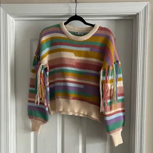 Multicolor Striped Fringe Crewneck Sweater - Women thumbnail 2