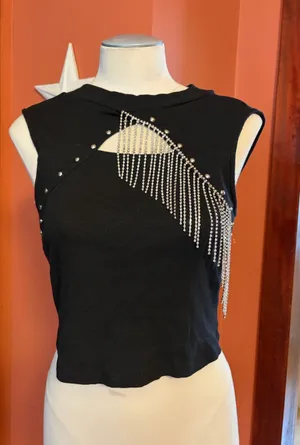 Blue b. Black Rhinestone Fringe Cutout Crop Top thumbnail 1