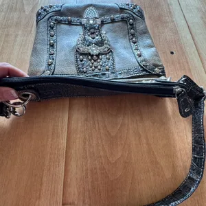 Western Rhinestone Buckle Crossbody Bag Studded Faux Croc Distressed Brown Bling thumbnail 6