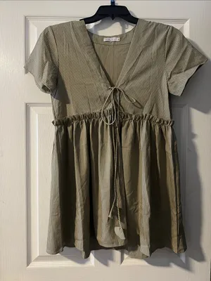 hazel Olive Green Tie-Front Babydoll Mini Dress thumbnail 1