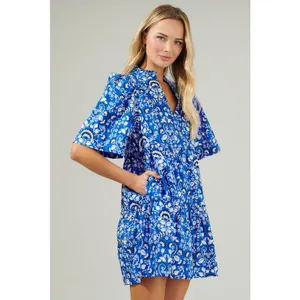 Sugarlips Lulu Floral Dixie‎ Split Neck Shift Dress Blue Floral Paisley Tiered M thumbnail 2