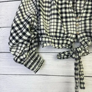 Zara Womens XS Gingham Top Cropped Plaid Flannel Black White Puff Sleeve‎ thumbnail 3
