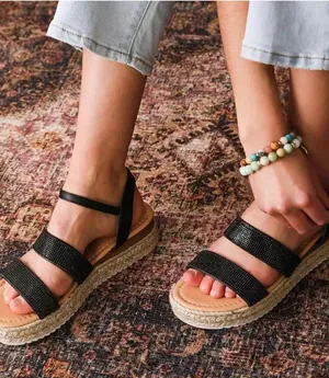 Qupid Black Rhinestone Strappy Sandals for Women thumbnail 1