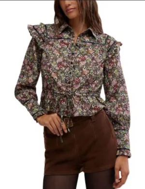 NWT Free People Daybreak Floral Print‎ Long Sleeve Shirt Ruffle Details Large thumbnail 1