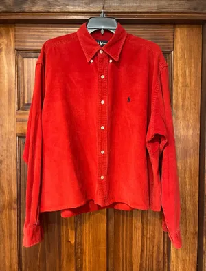 Ralph Lauren Bright Red Corduroy Button-Down Shirt cut off and hemmed size L thumbnail 1