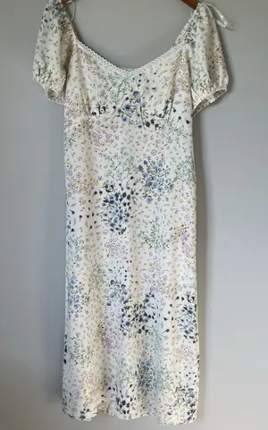 Monteau Los Angeles Floral Print Midi Dress Cream Cap Sleeves Women's Size Large thumbnail 1