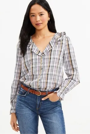 LOFT Multicolor Plaid Ruffle Collar V-Neck Button-Up Long Sleeve Top Preppy M thumbnail 1