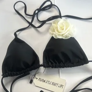 NWT Sporlike Black and Cream 3D Flower Floral Triangle Bikini Top Size Small thumbnail 3