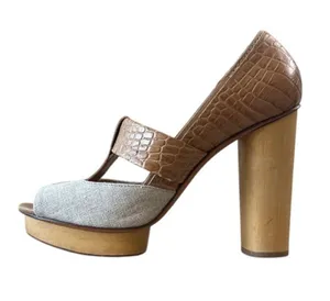 Tory Burch Georgina Linen Platform Heels Croc Leather Peep Toe‎ Sz 9 thumbnail 1