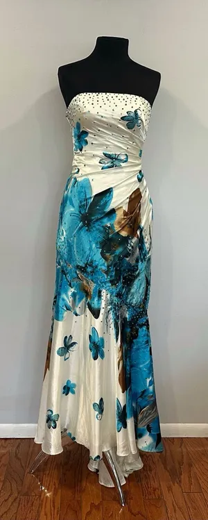 Night Moves Blue White Floral Strapless Gown Y2K US 6 thumbnail 1