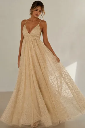 Beginning Boutique NWOT Faeriesty V-Neck Glitter Maxi Dress – Champagne/Gold – L thumbnail 1