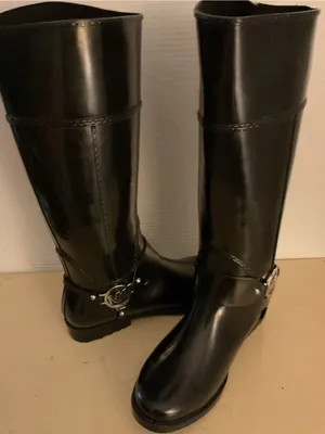 Michael Kors women Glossy Black Tall MK Logo Fulton harness Rain Boots US 8 thumbnail 7