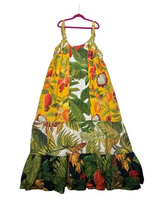 Farm Rio size medium mixed prints Tropical Yellow Floral Maxi Dress beaded thumbnail 2