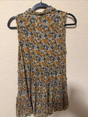 Free People Mustard Blue Floral Sleeveless Blouse thumbnail 3