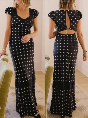 Vestique Mariselle Maxi Dress Polka Dot Lace Puff Sleeve Black White Satin thumbnail 2