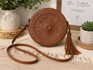 Brown Round Boho Crossbody Bag Woven Embossed Design Tassel Adjustable Strap thumbnail 1