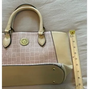 Anne Klein Satchel Handbag Pink Cream Logo Print Lion Medallion Top Handle Bag thumbnail 2