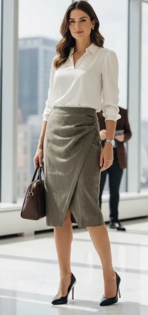 Hem & Thread Olive Wrap-Front Pencil Skirt thumbnail 1