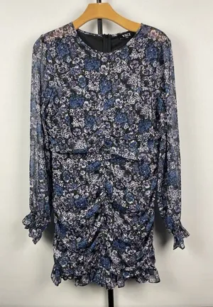 Vici Blue Purple Black Floral Ruched Long Sleeve Chiffon Mini Dress Size L‎ thumbnail 1