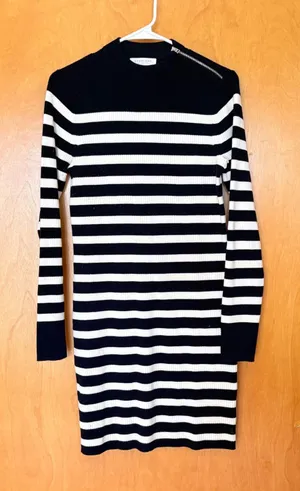Everlane‎ Black White Striped Ribbed Knit Mock Neck Zip Shoulder Sweater Dress L thumbnail 1