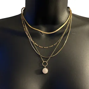 Gold tone multi layered chain rose quartz pendant necklace thumbnail 1
