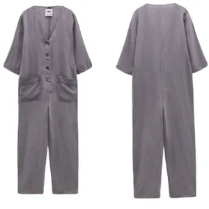 ZARA Lillian Gray Linen Jumpsuit Button-Down Linen Romper Women’s Size Medium thumbnail 4