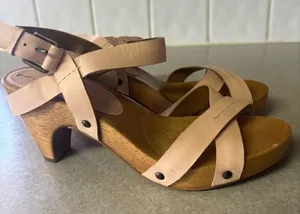 Anthropologie Schuler & Sons Philadelphia Neutral Preppy Coastal Boho Kitten Heel Wood Clogs 7 thumbnail 1