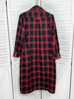 L&S‎ Plaid Snap Front Midi Duster Shirt Dress Shacket Red Black XL Western Boho thumbnail 8