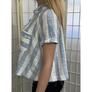 We the Free Classic Boho‎ Beach Gauze Cropped Fringe Striped Button Blouse Small thumbnail 6