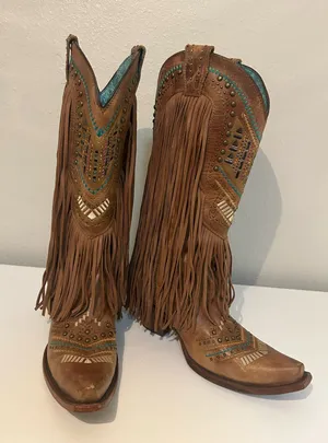 Corral Ladies 7.5 Brown & Multicolor Crystal Fringe Snip Toe Boots C2910 thumbnail 1