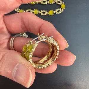 Lauren Conrad‎ Jewelry Set Bracelet Hoop Earrings Green Gold Tone Statement Pavé thumbnail 2